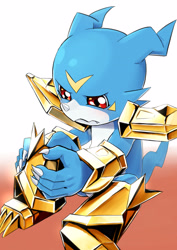 Size: 2894x4093 | Tagged: safe, artist:hase_popopo, veemon (02), digimon (species), veemon, anthro, digimon, digimon adventure 02, fully shaded, 1 horn, 5 fingers, armor, blue body, blue tail, claws, cosplay, finger claws, fingers, front view, frown, horn, magnamon costume, one knee up, pauldron, red eyes, sitting, snaggle tooth, solo, tail, teeth, unconvincing armor, white body, yellow body