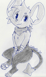 Size: 837x1400 | Tagged: safe, artist:coffeefly, generation 4 pokemon, pokemon (species), shinx, ambiguous gender, anthro, cub, cubs only, feral, semi-anthro, solo cub, young, pokémon, traditional, anthrofied, arms in front, digitigrade, looking at you, neckerchief, scarf, sitting, smiling, solo, tail