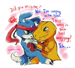 Size: 2200x2000 | Tagged: safe, artist:pirruwan, agumon (savers), gaomon (savers), agumon, digimon (species), gaomon, anthro, male, male/male, digimon, digimon savers, sketch, accessory, annoyed, blue body, blue fur, blushing, couple, crossed arms, cuddling, dialogue, duo, english text, fur, green eyes, hachimaki, headband, hearts around head, in denial, in lap, japanese clothing, leather straps, looking at another, looking at each other, side view, sitting, smiling, snaggle tooth, straddling, tail, teasing, wagging tail