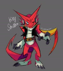 Size: 2400x2700 | Tagged: safe, artist:pirruwan, shoutmon (xros wars), digimon (species), shoutmon, anthro, cub, cubs only, semi-anthro, solo cub, young, digimon, digimon hunters, digimon xros wars, fully shaded, sketch, 3 fingers, 3 toes, belt, bottomless, claw toes, clothing, digitigrade, earphones, featureless crotch, front view, jagged mouth, looking at you, one eye closed, reaching out, scarf, smiling at you, smirking at you, solo, spade tail, standing, vest