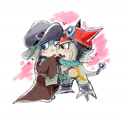 Size: 2100x2000 | Tagged: safe, artist:pirruwan, gatchmon (appli monsters), offmon (appli monsters), appmon (species), digimon (species), gatchmon, offmon, cub, semi-anthro, young, digimon, digimon universe appli monsters, fully shaded, sketch, arms grab, blushing, clothing, couple, duo, featureless crotch, gauntlets, goggles on headwear, hearts around head, helmet, imminent kiss, jacket, looking away, nervous, one eye closed, open mouth, oversized clothing, romantic, side view, soft cap, standing, tears, trying to kiss