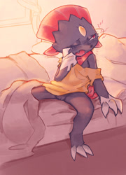 Size: 1407x1951 | Tagged: safe, artist:c3ilin, generation 4 pokemon, pokemon (species), weavile, cub, cubs only, female, females only, semi-anthro, solo cub, solo female, young, pokémon, partially shaded, 3 fingers, 3 toes, bottomless, clothing, crotch tuft, dangling leg, featureless chest, featureless crotch, front view, looking away, morning, off shoulder, on bed, one eye closed, open mouth, oversized clothing, rubbing eyes, shirt, sleepy, solo, t-shirt, toe claws, waking up, yawning