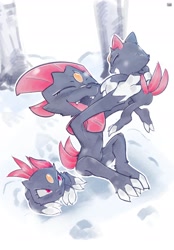 Size: 1640x2360 | Tagged: safe, artist:c3ilin, generation 2 pokemon, generation 4 pokemon, pokemon (species), sneasel, weavile, adult, cub, male, semi-anthro, young, pokémon, age difference, closed eyes, curled up, dangling legs, daughter, evolutionary family, featureless chest, featureless crotch, high-angle view, lifted, lifting partner, looking up at another, mother, mother and daughter, mother and son, open mouth, open smile, outdoors, parent and child, sitting, size difference, smiling, snow, son, trio