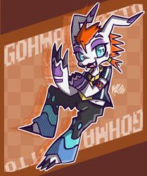 Size: 884x1057 | Tagged: safe, artist:mewichieb, oc only, oc:gohma natto, digimon (species), gomamon, anthro, cub, cubs only, male, males only, solo cub, solo male, young, digimon, anthrofied, armband, barefoot, clothing, finger claws, fully clothed, gesture, half-closed eyes, jacket, looking at you, pants, posing, solo, toe claws