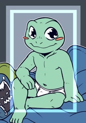 Size: 2078x2952 | Tagged: safe, artist:saku1saya, theodore (itily), amphibian, frog, anthro, cub, cubs only, male, plantigrade, solo cub, solo male, young, i think i like you, colored, digital, flat colored, arm on knee, bed, belly, big eyes, blush stickers, blushing, bulge, closed smile, clothing, featureless chest, front view, furniture, green body, kemono, leaning on one arm, looking at you, navel, nudity, on bed, one knee up, pillow, sitting, sitting on bed, smiling, smiling at you, solo, topless, underwear, underwear only, white clothing, white underwear
