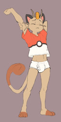 Size: 647x1280 | Tagged: safe, artist:bedtimebuck, oc:alan the meowth, anthro, cub, cubs only, male, males only, plantigrade, slender, solo cub, solo male, young, colored, digital, flat colored, anthrofied, arm behind head, arm grab, arms up, barefoot, briefs, bulge, closed eyes, clothing, curly tail, front view, full-length portrait, midriff, midriff peek, navel, no pants, shirt, solo, standing, stretching, t-shirt, tail, underwear