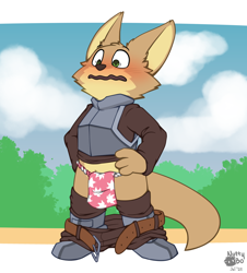 Size: 1664x1840 | Tagged: safe, artist:unboxyguy, canid, fennec, fox, mammal, anthro, male, alternate version, colored, digital, flat colored, alternate version at source, armor, asian clothing, blushing, bottomwear, bottomwear down, clothing, clothing down, embarrassed, exposing, front view, full-length portrait, fundoshi, fur, hands on hips, japanese clothing, knight, looking down, nudity, outdoors, pants, pants down, smiling, solo, standing, tail, underwear, warrior