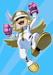 Size: 2048x2897 | Tagged: safe, artist:martina matteucci, digimon (species), humanoid, luxmon, boy, male, young, digimon, arm wraps, clenched hands, covered eyes, excited, featureless crotch, gloves, hat over eyes, helmet, jumping, low-angle view, onesie, open mouth, victory, wraps, zipper jumpsuit