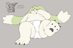 Size: 2000x1333 | Tagged: safe, artist:professor_fluff, digimon (species), gargomon, impmon, anthro, fat, male, digimon, colored, flat colored, partially colored, barefoot, belly, blushing, briefs, briefs only, bulge, clothing, dialogue, embarrassed, english text, featureless chest, feet, fire manipulation, front view, humiliation, long ears, on back, one leg up, open legs, pawpads, sitting, solo focus, text, topless, underwear, underwear only, white briefs, white clothing, white underwear