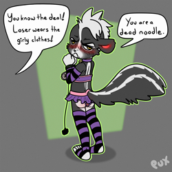 Size: 2000x2000 | Tagged: non-con, safe, artist:pux, oc:izvini, mammal, mustelid, skunk, cub, cubs only, femboy, male, males only, slender, solo cub, solo male, young, alternate version, colored, digital, flat colored, alternate version at source, anger, angrish, annoyed, arm warmers, blush lines, blushing, bound arms, butt blush, clothing, crossdressing, dialogue, dubcon, english text, eye roll, fluffy tail, full-length portrait, game controller, glaring at you, improvised bondage, looking at you, looking back, looking back at you, miniskirt, off-screen character, panties, raised tail, rear view, skirt, solo, speech bubble, standing, thigh highs, toeless legwear, tube top, underwear