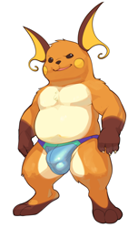 Size: 984x1618 | Tagged: safe, artist:bristol, generation 1 pokemon, pokemon (species), raichu, anthro, chubby, cub, cubs only, male, males only, muscular, solo cub, solo male, young, pokémon, digital, fully shaded, 3 toes, 4 fingers, anthrofied, arms down, barefoot, beady eyes, black nose, black sclera, blue clothing, blue thong, blue underwear, bottomless, brown body, brown fur, bulge, clothing, digitigrade, feet, fingers, front view, full-length portrait, fur, looking at you, naughty face, open mouth, orange body, orange fur, smug, solo, standing, tan body, tan fur, thong, thong only, toes, tongue, topless, underwear, underwear only, white eyes