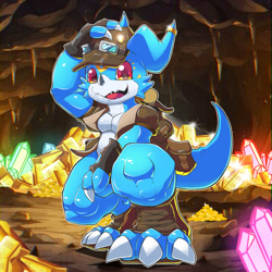 Size: 2000x2000 | Tagged: safe, artist:leafblade97, oc:flynn the veemon, digimon (species), veemon, anthro, cub, cubs only, male, males only, muscular, solo cub, solo male, young, digimon, digital, backpack, cave, crouching, crystal, detailed background, digitigrade, fingerless gloves, front view, full-length portrait, hand on own head, open clothing, open vest, pecs, pink eyes, pouch, soft cap, solo, toeless shoes, treasure, vest, wide hips