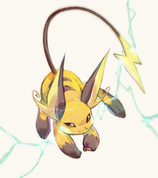 Size: 1778x2000 | Tagged: safe, artist:mishabon, generation 1 pokemon, pokemon (species), raichu, ambiguous gender, cub, cubs only, feral, ferals only, solo cub, solo feral, young, pokémon, action pose, beady eyes, big ears, crouching, electricity manipulation, elemental manipulation, front view, full-length portrait, long tail, on all fours, solo