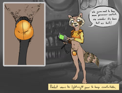 Size: 1475x1127 | Tagged: safe, artist:mindkog, rocket raccoon, anthro, athletic, cub, cubs only, male, males only, solo cub, solo male, young, guardians of the galaxy, digital, abs, ball bag, barefoot, bottomwear, bulge, caption, claws, close-up, clothing, crop top, crotch shot, cutaway, detailed bulge, dialogue, digitigrade, electronics, english text, eyebrows, feet, fur, holding object, indoors, looking away, machine, midriff, navel, open mouth, sci-fi, shirt, skimpy outfit, solo, speech bubble, standing, talking, text, too hot, topwear, tuft