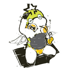 Size: 1080x1080 | Tagged: safe, oc:oosuka shiba, arthropod, hawk moth, insect, lepidopteran, moth, anthro, chubby, cub, cubs only, male, males only, solo cub, solo male, young, colored, flat colored, sketch, antennae, bulge, closed eyes, clothing, drinking, drinking through straw, front view, headphones around neck, high-angle view, insect wings, open legs, outdoors, silly straw, sitting, solo, speedo, speedo only, sweat, swimsuit, too hot, topless, wiping forehead