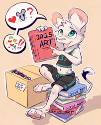 Size: 920x1135 | Tagged: safe, artist:animancer, oc:luck, jerboa, mammal, rodent, anthro, cub, cubs only, female, females only, solo cub, solo female, young, digital, art books, barefoot, book, bottomwear, box, buckteeth, clothing, crop top, digitigrade, english text, flat breasts, fur, gesture, green eyes, holding book, jersey, looking up, midriff, navel, one knee up, one leg out, open mouth, open smile, paws, pointing, rebus bubble, shirt, shorts, sitting, smiling, solo, speech bubble, sports uniform, talking, topwear, tracksuit, whiskers, white body, white fur