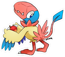 Size: 2048x1824 | Tagged: safe, artist:notaventura, archen, generation 5 pokemon, pokemon (species), anthro, cub, cubs only, solo cub, young, pokémon, colored, flat colored, avian feet, avian legs, digitigrade, head back, holding fruit, leppa berry, looking back, raised tail, rear view, smiling, snaggle tooth, solo, standing, winged arms