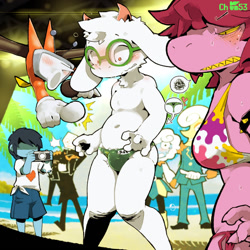 Size: 1360x1360 | Tagged: suggestive, artist:warito moeru, kris dreemurr, ralsei, susie, tenna, goat, human, mammal, reptile, ungulate, adult, anthro, chubby, female, male, male focus, young, deltarune, annoyed, background character, belly, bikini, blushing, bulge, butt, camera, clothing, embarrassed, erection, erection under clothing, eyewear, floppy ears, foreground character, freckles, front view, fur, gesture, glasses, group, hair over eyes, holding camera, knock-kneed, navel, nervous, penis, pointing, rebus bubble, recording, sharp teeth, shorts, solo focus, speech bubble, sweating, swimsuit, swimwear, thong, tight clothing, topless, two-piece swimsuit, underwear, white body, white fur