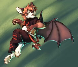 Size: 2048x1774 | Tagged: safe, artist:pyrolyz3r, oc only, bat, chiropteran, mammal, anthro, male, males only, solo male, action pose, barefoot, crop top, digitigrade, flying, fully clothed, glasses, looking away, midriff, open mouth, side view, solo, suspenders
