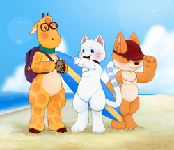 Size: 6000x5186 | Tagged: safe, artist:munimuni, corgi g, gcat, graff, canid, cat, corgi, dog, felid, giraffe, giraffid, mammal, welsh corgi, anthro, cub, cubs only, male, young, young only, gcat and friends, mascot, colored, flat colored, backpack, backsack, bag, balls, beach, beady eyes, blushing, boba tea, brown body, clothing, digitigrade, eyewear, featureless chest, featureless crotch, fur, gesture, glasses, group, hat, headwear, headwear only, holding drink, holding surfboard, hooves, keychain, mouthless, nudity, orange body, orange fur, outdoors, pointing, pokemon merch, scarf, sea, smiling, standing, surfboard, tail, tipping hat, trio, water, white body, white fur, wide hips