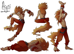 Size: 2617x1896 | Tagged: safe, artist:arsdaemonum, oc:agni, flamemon, male, males only, slender, solo male, digimon, action pose, arms up, barefoot, bracers, brown skin, closed eyes, clothing, front view, jumping, looking sideways, lying, lying on side, multiple poses, nipples, on side, pants, rear view, sitting, sitting indian style, sleeping, snaggle tooth, solo, standing, stretching, tail, topless, transparent background