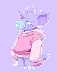 Size: 1200x1524 | Tagged: safe, artist:hidoihito, unknown oc, generation 1 pokemon, nidorino, pokemon (species), anthro, cub, cubs only, fat, male, males only, plantigrade, solo cub, solo male, young, pokémon, digital, anthrofied, barefoot, bottomless, clothing, hood down, hoodie, long sleeves, looking at you, looking sideways, medical mask, oversized clothing, solo