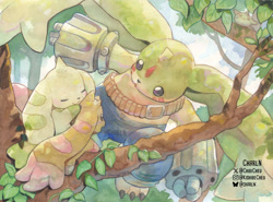 Size: 1200x889 | Tagged: safe, artist:chibicheu, digimon (species), gargomon, lopmon, terriermon, adult, anthro, cub, young, digimon, traditional, watercolors, bandolier, beady eyes, clothing, cuddling, evolutionary family, forest, group, gun arms, in tree, jeans, long ears, looking at another, lop ears, nature, open mouth, outdoors, size difference, step pose, topless, trio