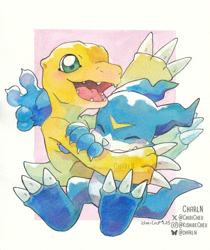 Size: 900x1071 | Tagged: safe, artist:chibicheu, agumon (adventure), veemon (02), agumon, digimon (species), veemon, cub, cubs only, male, males only, young, young only, digimon, digimon adventure, digimon adventure 02, traditional, watercolors, 3 fingers, 3 toes, 5 fingers, arm grab, claw fingers, claw toes, closed eyes, duo, featureless crotch, fingers, gesture, hug, looking at you, open smile, sitting, smiling, smiling at you, v sign, waving at you