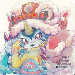 Size: 1000x1008 | Tagged: safe, artist:chibicheu, digimon (species), gabumon, chubby, cub, cubs only, male, males only, solo cub, solo male, young, digimon, traditional, watercolors, arms up, front view, fur pelt, half-length portrait, horn, lion dance, looking at you, smiling, smiling at you, solo