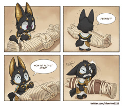Size: 1200x1044 | Tagged: safe, artist:silverfox5213, anubis, anubian jackal, canid, jackal, mammal, anthro, chibi, male, males only, solo male, mythology, black body, black fur, butt, clenched eyes, clenched teeth, closed eyes, clothing, comic, corpse, dialogue, egyptian, english text, eyes closed, facepalming, front view, frown, frustrated, full-length portrait, fully clothed, fur, hands on hips, hieroglyphics, mummification, mummy wrappings, open mouth, pawpads, proud, rear view, red eyes, smiling, solo, speech bubble, standing, tan body, text, tongue, tongue out, yellow body