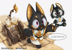 Size: 1415x1000 | Tagged: safe, artist:silverfox5213, anubis, anubian jackal, canid, jackal, anthro, chibi, cub, cubs only, male, males only, solo cub, solo male, young, mythology, advertisement, digital, ankh, black body, black fur, canopic jar, claws, clothing, collar, dialogue, duct tape, egyptian, excited, fully clothed, fur, looking at you, looking up, open mouth, outdoors, pawpads, photo, plushie, pulling, pulling wagon, purple eyes, reaching up, robe, rope, solo, speech bubble, staff, tape, text, toy wagon, vehicle, walking