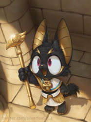 Size: 1000x1337 | Tagged: safe, artist:silverfox5213, anubis, anubian jackal, canid, jackal, anthro, chibi, cub, cubs only, male, males only, solo cub, solo male, young, mythology, ankh, black body, black fur, clothing, collar, egyptian, excited, fully clothed, fur, high-angle view, holding object, holding weapon, looking up, open mouth, raised arm, red eyes, scepter, solo, staff, standing, text, whiskers, wielding weapon