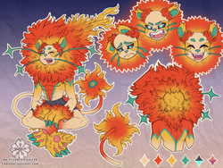 Size: 2000x1500 | Tagged: safe, artist:chisai236, big cat, felid, lion, mammal, anthro, male, males only, slender, solo male, reference sheet, abs, anger, arms in front, clothing, color swatch, expressions, front view, headshot, mane, one eye closed, sad, sitting, sitting indian style, smiling, snarling, solo, topless, whiskers