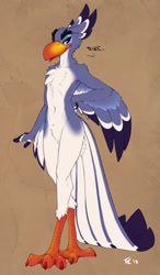 Size: 707x1213 | Tagged: safe, artist:fluff-kevlar, zazu, avian, bird, bucerotiform, hornbill, anthro, male, males only, slender, solo male, twink, the lion king, 4 toes, anisodactyl feet, anthrofied, avian feet, beak, bedroom eyes, blue body, blue feathers, blue fur, dialogue, feathers, featureless crotch, feet, front view, full-length portrait, fur, hand behind back, long tail, nudity, open hand, posing, solo, standing, tail feathers, talking, talking to you, text, toes, white body, white fur, winged arms