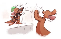 Size: 1362x873 | Tagged: safe, artist:yoshitura, kanga, roo (winnie the pooh), kangaroo, mammal, marsupial, winnie the pooh, sketch, age difference, belt, bottomless, chain, clapping, clenched eyes, closed eyes, clothing, duo, front view, holding microphone, mohawk, mother and son, one arm out, open mouth, punk, singing, size difference, spiked bracelet, stomping