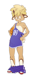 Size: 3349x7059 | Tagged: safe, artist:kentobi, oc:angie (kentobi), cervid, deer, mammal, boy, cub, cubs only, male, males only, solo cub, solo male, young, colored, digital, flat colored, basketball, bottomless, cheeky, clothing, front view, full-length portrait, hands on hips, holding ball, jersey, kemono, kemoshota, looking sideways, nipple slip, off shoulder, oversized clothing, pants around ankles, shoes, sneakers, solo, sports, sports uniform, standing, toothy grin, transparent background