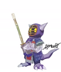 Size: 1619x1920 | Tagged: safe, artist:nimadj, digimon (species), kotemon, ambiguous gender, cub, cubs only, solo cub, young, digimon, traditional, armor, full-length portrait, glowing eyes, holding weapon, kendo, long sleeves, solo, standing, wide stance, wood sword