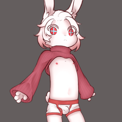Size: 1700x1700 | Tagged: safe, artist:ryess, oc:ryess, lagomorph, mammal, rabbit, male, boxer-briefs, bulge, clothing, crop sweater, crop top, cross eyes, front view, kemono, looking at you, neutral face, nipples, no pants, spread arms, standing, underwear