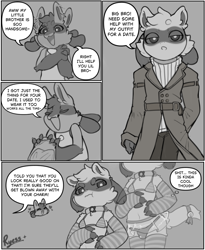 Size: 900x1100 | Tagged: safe, artist:ryess, oc:lucca the lucario, oc:ree the riolu, generation 4 pokemon, lucario, pokemon (species), riolu, anthro, boy, cub, male, teen, young, pokémon, monochrome, age difference, annoyed, bell on tail, bikini, bikini top, bra, brother, brothers, bulge, circle eyebrows, clothing, coat, collar, comic, crossdressing, dialogue, duo, embarrassed, english text, evolutionary family, excited, expression avatar, front view, hearts around head, kemono, legwear, looking away, makeover, midriff, miniskirt, navel, nudity, outfit swap, see-through, siblings, skimpy outfit, skirt, speech bubble, striped arm warmers, striped legwear, swimwear, text, thigh highs, thong, thought bubble, topwear, transparent clothing, two-piece swimsuit, underwear, unimpressed
