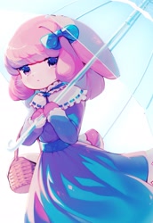 Size: 1406x2048 | Tagged: safe, artist:pudding, lagomorph, mammal, rabbit, anthro, female, females only, solo female, colored, digital, basket, bow, clothing, dress, front view, hair, hair accessory, hair bow, holding object, kemono, looking at you, pink hair, solo, umbrella