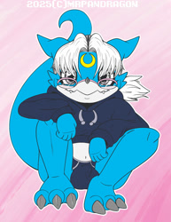 Size: 1545x2000 | Tagged: safe, artist:mrpandragon, oc:artamis, digimon (species), veemon, anthro, cub, cubs only, male, males only, solo cub, solo male, young, hoodie/briefs meme, digimon, colored, digital, flat colored, anthrofied, arms on knees, barefoot, briefs, bulge, clothing, crouching, detailed bulge, front view, full-length portrait, glasses, hair, hoodie, looking at you, meme, midriff, no pants, solo, underwear, white hair