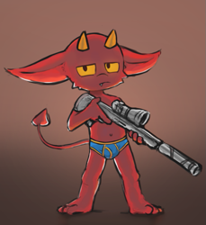 Size: 605x661 | Tagged: safe, artist:badipoki, imp, mythological creature, anthro, cub, cubs only, male, males only, solo cub, solo male, young, barefoot, briefs, briefs only, bulge, ears down, front view, full-length portrait, holding weapon, horns, large ears, looking at you, navel, snaggle tooth, sniper, sniper rifle, solo, spade tail, standing, topless, underwear only, unimpressed, wielding weapon