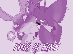 Size: 2000x1500 | Tagged: safe, artist:roguemorpho, oc only, oc:cheesecake the patamon, oc:gleam the morphomon, digimon (species), morphomon, patamon, anthro, cub, cubs only, fat, female/ambiguous, feral, semi-anthro, young, young only, digimon, colored, flat colored, monochrome, alternate color, biting, blush lines, blushing, caption, closed eyes, contagion, duo, fang, featureless crotch, front view, full-length portrait, glasses, head wings, looking away, meme, nervous, nervous sweat, rebus bubble, smiling, speech bubble, teeth, uncertain, unusual wing placement
