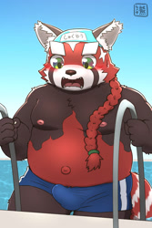 Size: 1200x1800 | Tagged: suggestive, artist:shinodakuma, zhurong, ailurid, mammal, red panda, anthro, fat, male, males only, solo male, solo teen, teen, teens only, tokyo afterschool summoners, braided hair, bulge, climbing ladder, clothing, embarrassed, erection under clothing, exiting pool, front view, hair, half-length portrait, looking at self, looking down, looking down at self, moobs, navel, nervous, nervous sweat, open mouth, outie navel, solo, speedo, standing, swimming cap, swimsuit, tight clothing, topless, unwanted erection