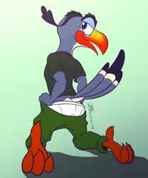 Size: 1067x1280 | Tagged: suggestive, artist:bassybefuddle, zazu, avian, bird, bucerotiform, hornbill, anthro, cub, cubs only, male, males only, slender, solo cub, solo male, young, young only, disney, the lion king, anthrofied, avian feet, barefoot, beak, bedroom eyes, briefs, clothing, flashing underwear, holding pants, kneeling, looking at you, looking back, looking back at you, open mouth, pants, raised tail, rear view, shirt, solo, t-shirt, tail feathers, underwear