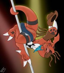 Size: 3668x4232 | Tagged: safe, artist:theoryofstrings, digimon (species), guilmon, anthro, male, digimon, 3 fingers, 3 toes, armwear, barefoot, biceps, black body, black pawpads, black scales, black tail, blue clothing, blue kerchief, blue neckerchief, blue shorts, bottomwear, brown clothing, brown hat, bulge, butt, butt cleavage, claw fingers, claw toes, claws, closed eyes, clothing, cowboy hat, cowboy outfit, denim clothing, denim shorts, eyelashes, eyes closed, featureless chest, feet, fingers, hat, headwear, holding clothing, holding hat, holding object, kerchief, neckerchief, neckwear, open mouth, open smile, pattern neckerchief, pawpads, pink tongue, pockets, pole, red body, red scales, red tail, scales, sharp teeth, short shorts, shorts, skimpy outfit, smiling, snout, solo, spotted kerchief, spotted neckerchief, stripper, stripper pole, tail, tapering tail, teeth, toe claws, toes, tongue, topless, two tone kerchief, two tone neckerchief, upside down, white body, white claws, white kerchief, white neckerchief, white scales
