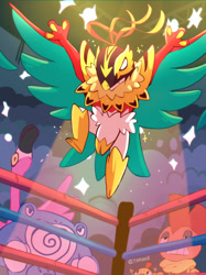 Size: 2048x2731 | Tagged: safe, artist:taplaos, flamigo, generation 1 pokemon, generation 5 pokemon, generation 6 pokemon, generation 9 pokemon, hawlucha, pokemon (species), poliwrath, scrafty, scraggy, pokémon, 3 fingers, audience, background character, cheering, fighting ring, jumping, low-angle view, photo flash, solo focus, sports uniform, spotlight, spread wings, winged arms, wrestling outfit
