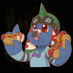 Size: 2000x2000 | Tagged: safe, artist:chicostyx, oc:hattomon, digimon (species), ambiguous gender, cub, cubs only, solo cub, young, digimon, colored, flat colored, beak, blush lines, cheek bulge, dual wielding, eating, food, goggles on headwear, half-length portrait, helmet, holding food, hot dog, mouth full, red eyes, solo, spread arms