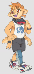Size: 593x1289 | Tagged: safe, artist:naoren, oc:ez, alien, fictional species, hybrid, anthro, cub, cubs only, male, males only, slender, solo cub, solo male, young, partially shaded, 3 fingers, alternate species, arms down, cybernetics, ears down, finger claws, four arms, front view, full-length portrait, goggles, goggles around neck, looking away, multi arms, open mouth, open smile, prosthetic leg, shoes, shoes without socks, shorts, smiling, sneakers, solo, tank top, vr headset, walking