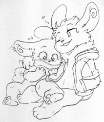 Size: 597x700 | Tagged: safe, artist:naoren, generation 3 pokemon, pokemon (species), spinda, anthro, male, male/male, plantigrade, semi-anthro, pokémon, lines, monochrome, traditional, 3 toes, 4 fingers, arm around shoulders, big ears, blush lines, blushing, clothing, covered mouth, crossed legs, cuddling, duo, embarrassed, featureless chest, featureless crotch, feet, fingers, hand in pocket, head tuft, heart, jacket, jacket only, motion lines, neck tuft, one eye closed, pawpads, pockets, scarf, scarf only, sitting, size difference, spiral eyes, teasing, toes, topwear, tuft, winking, winking at partner